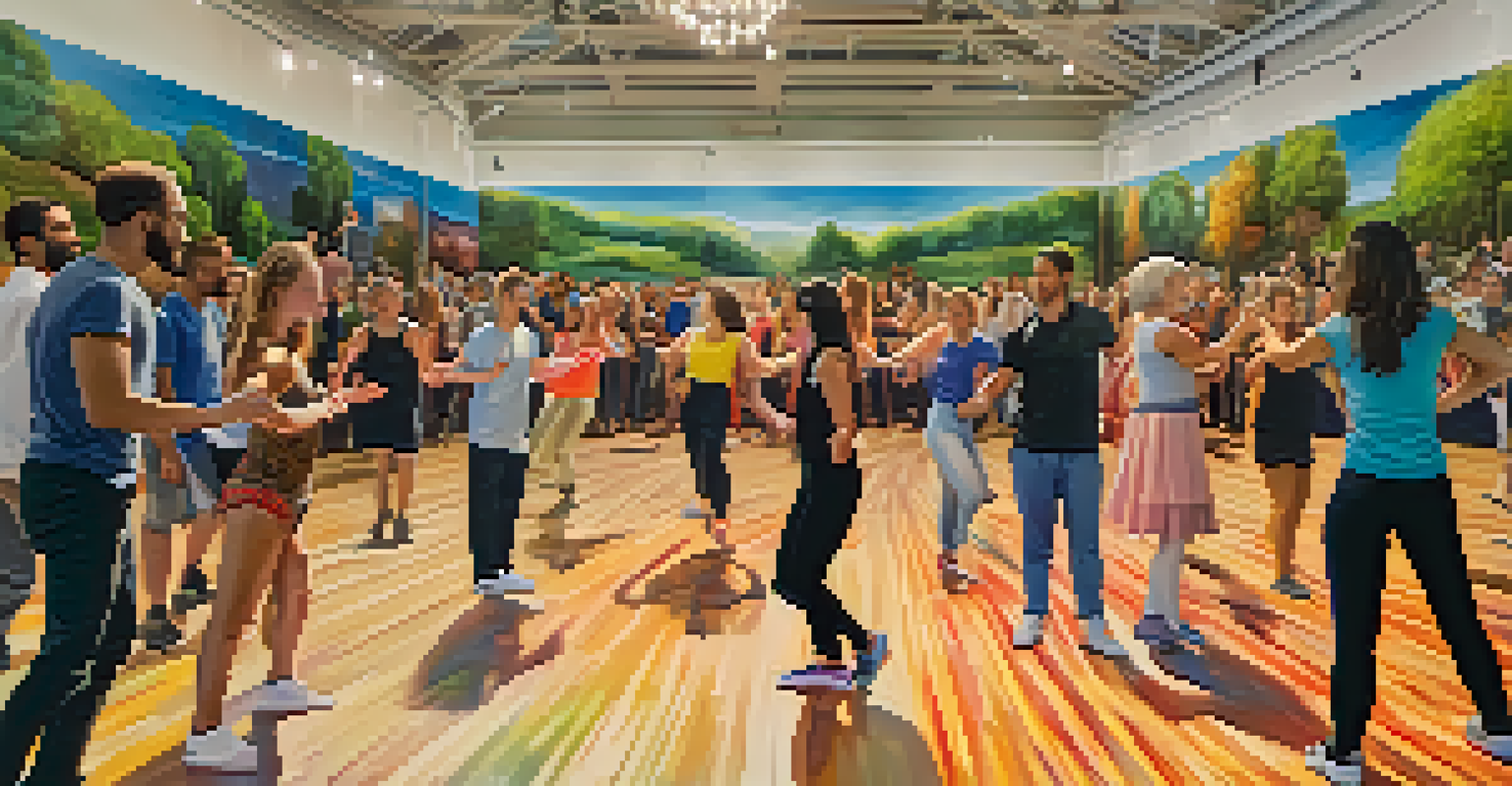 An interactive art installation with diverse participants joining dancers in a choreographed routine in a colorful open space.