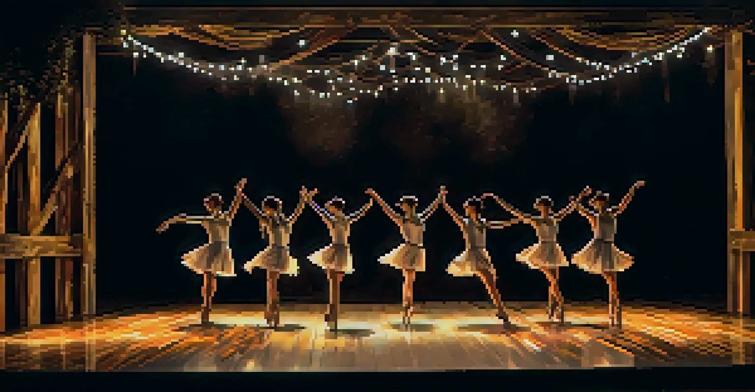 An artistic rendition of a sustainable dance performance on stage with reclaimed wood set design and dancers performing elegantly.