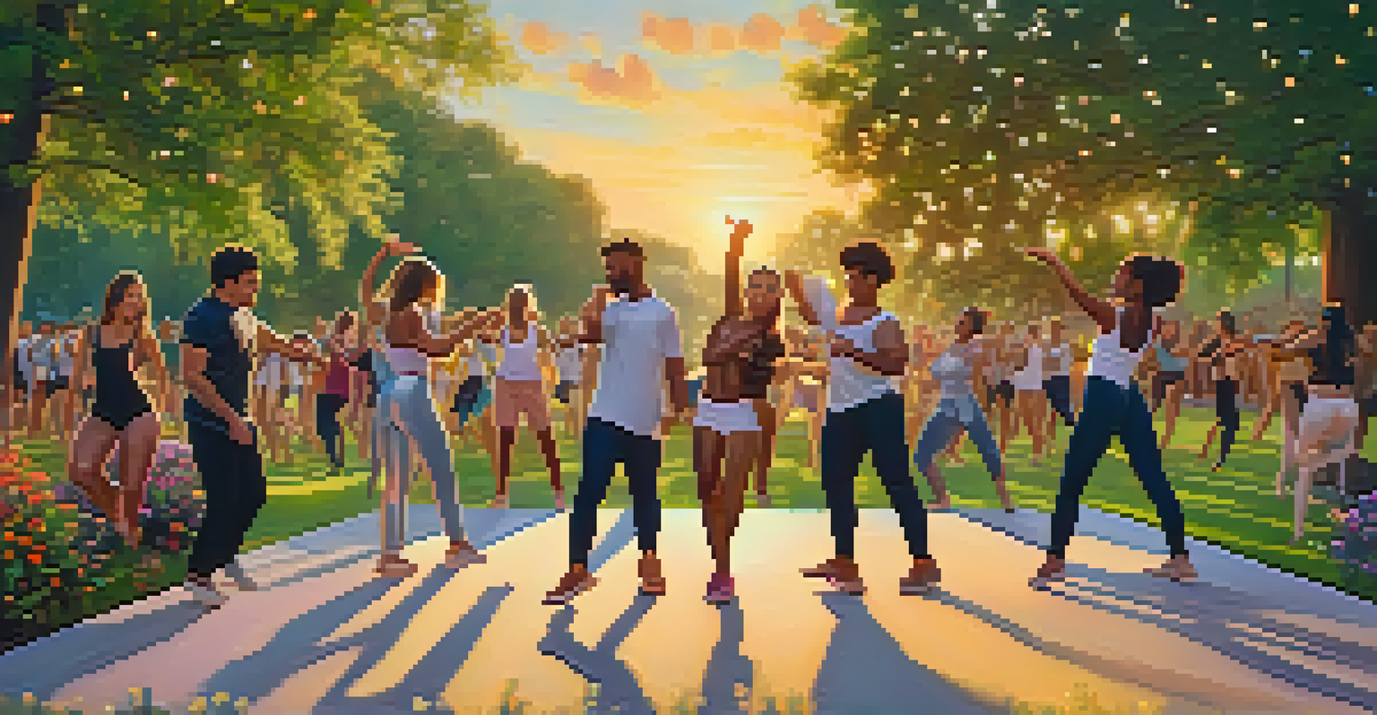A group of dancers performing a dance challenge in a park during sunset, surrounded by nature and onlookers.