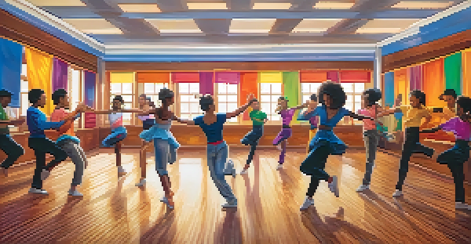 A lively dance studio with dancers competing and a leaderboard on the wall, illuminated by warm sunlight.