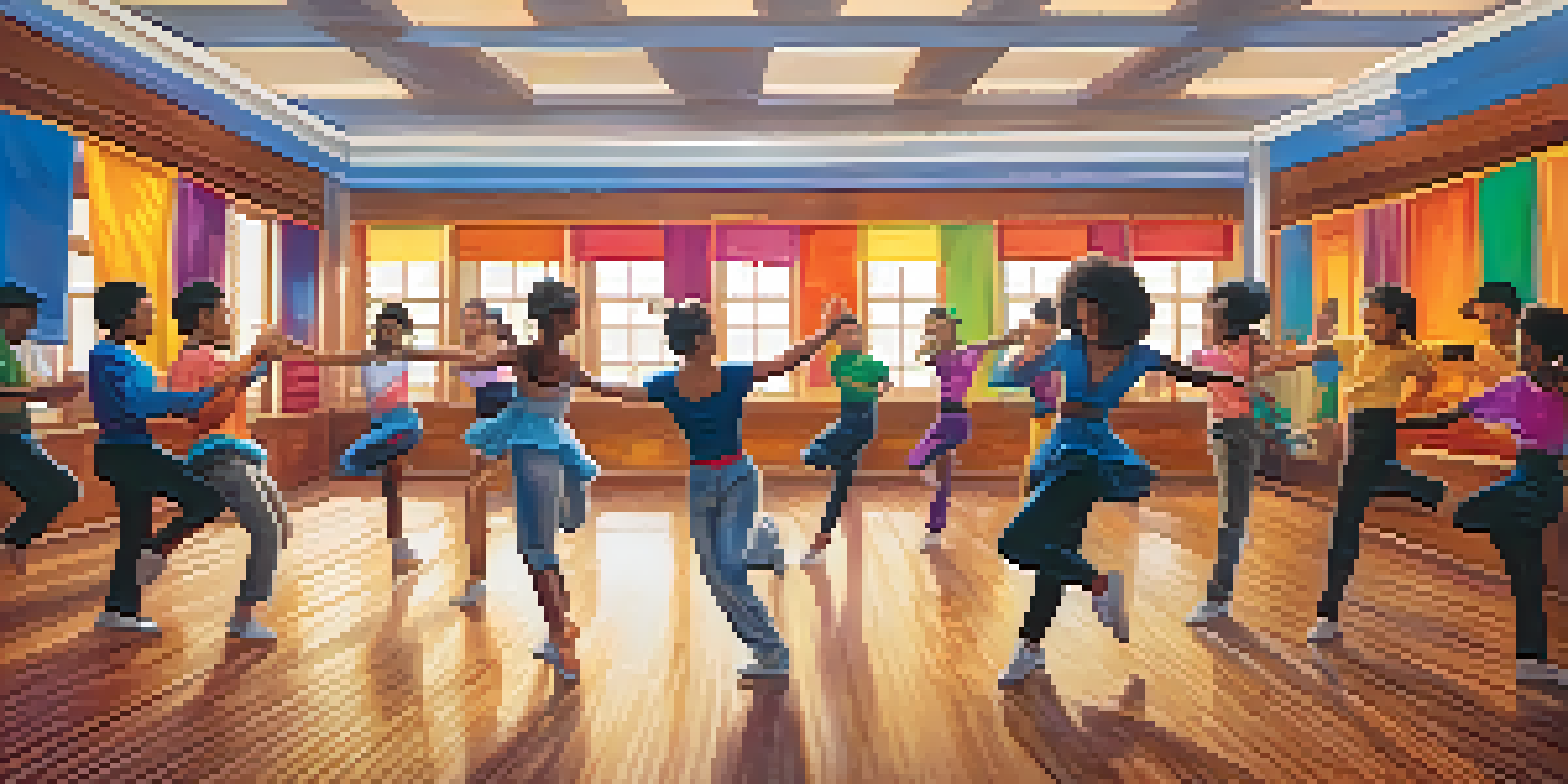 A lively dance studio with dancers competing and a leaderboard on the wall, illuminated by warm sunlight.