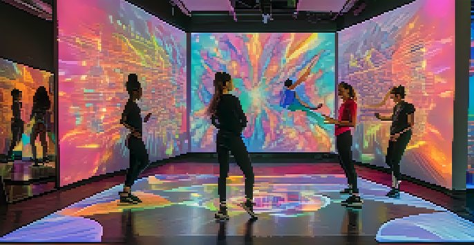 A choreographer working on a laptop with digital avatars dancing on the screen in a well-lit room decorated with dance posters.