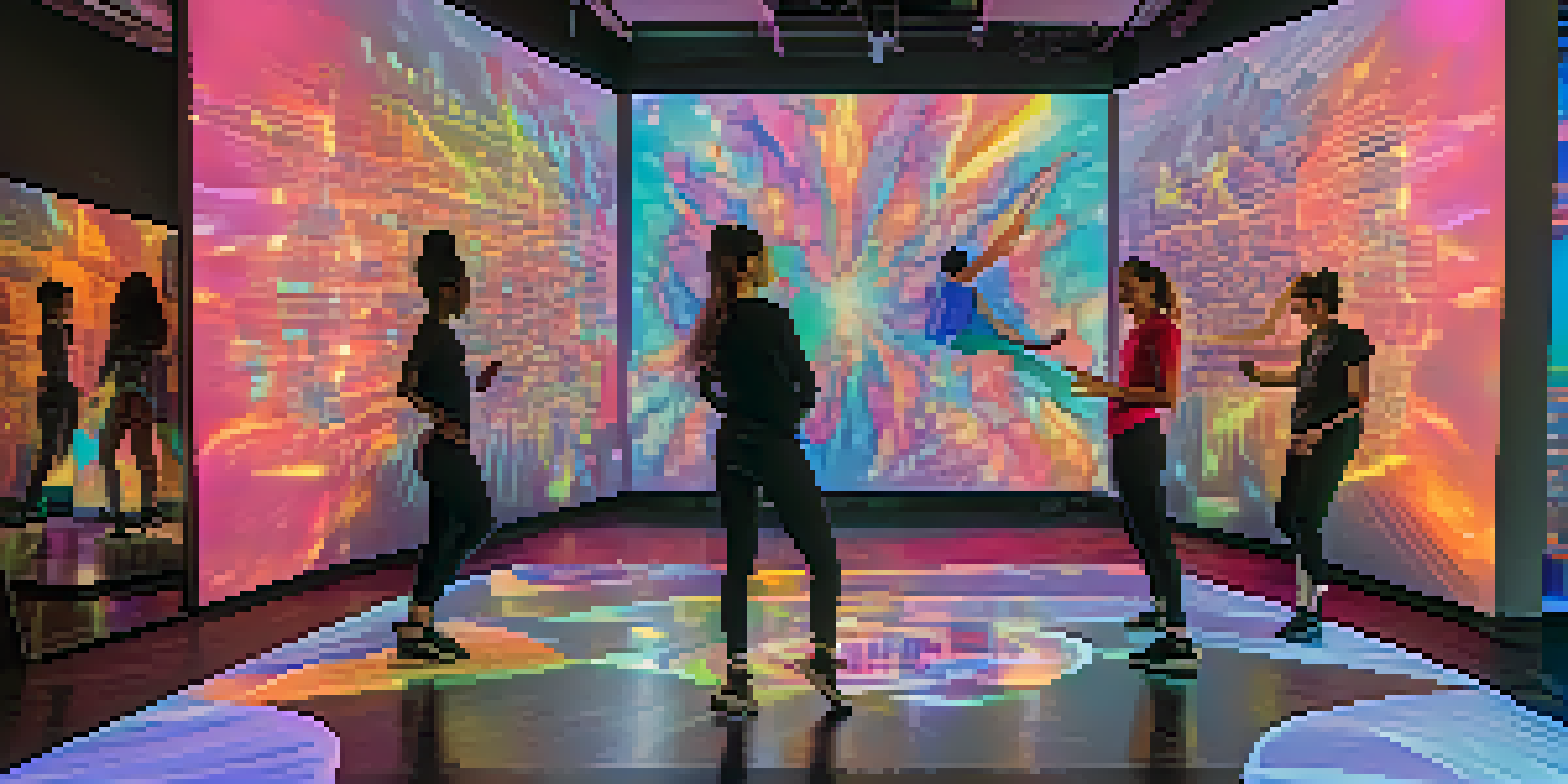 A choreographer working on a laptop with digital avatars dancing on the screen in a well-lit room decorated with dance posters.