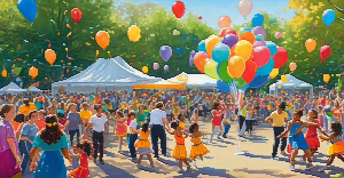 A lively community dance festival with diverse participants, including children with disabilities, engaged in workshops in a sunny park filled with decorations.