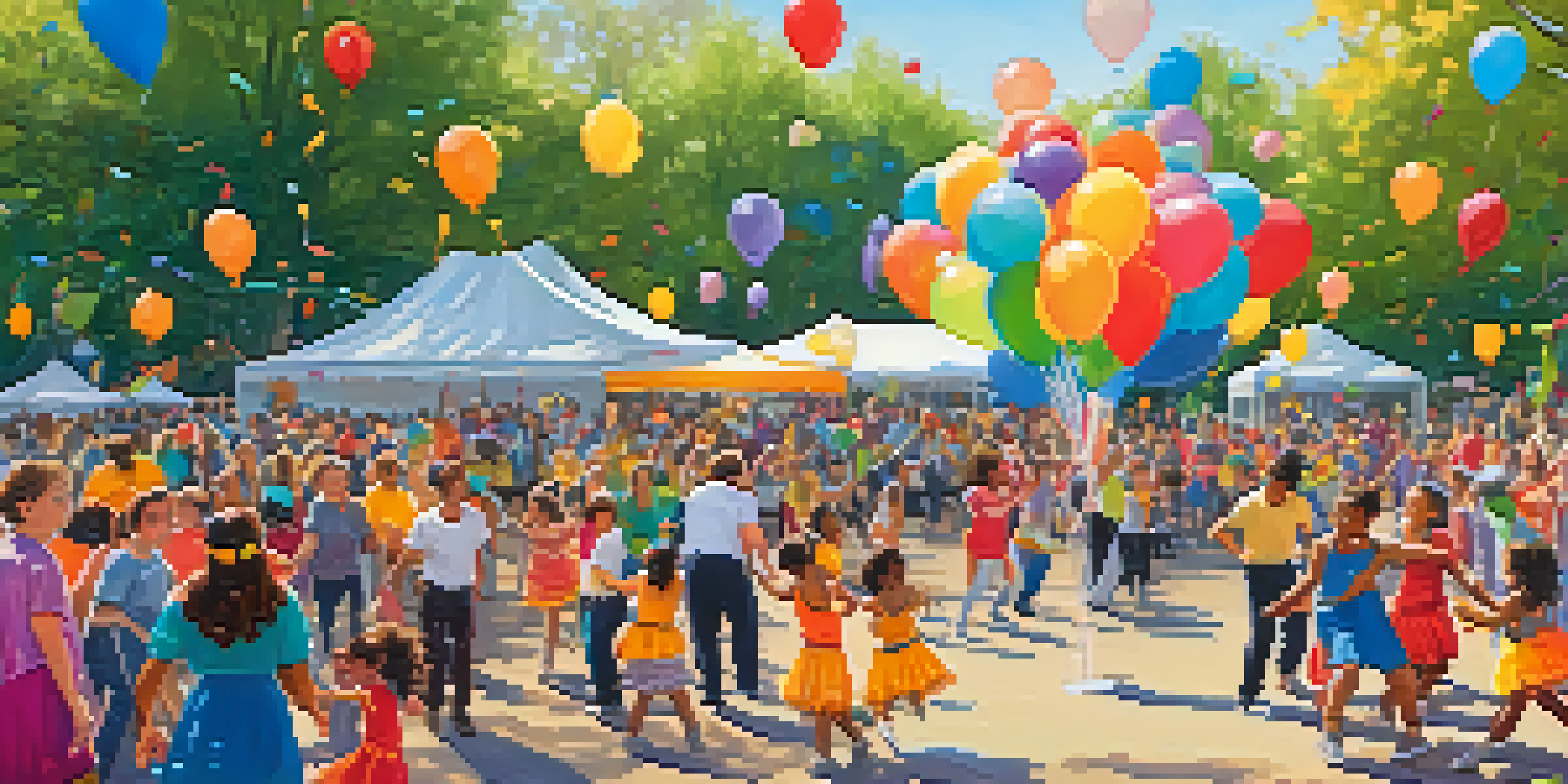 A lively community dance festival with diverse participants, including children with disabilities, engaged in workshops in a sunny park filled with decorations.