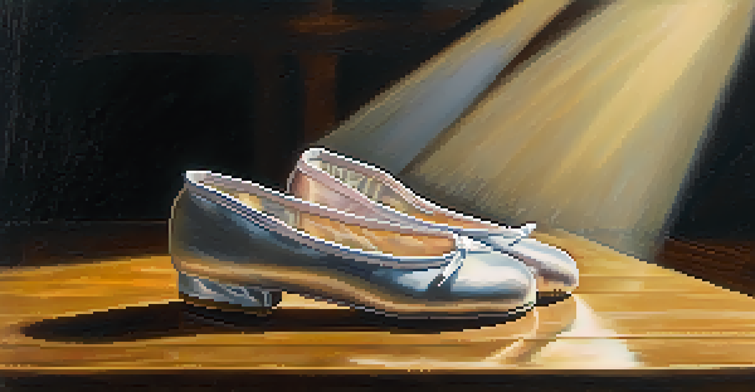 Close-up of worn ballet shoes on a wooden floor, illuminated by a spotlight, with blurred dancers rehearsing in the background.