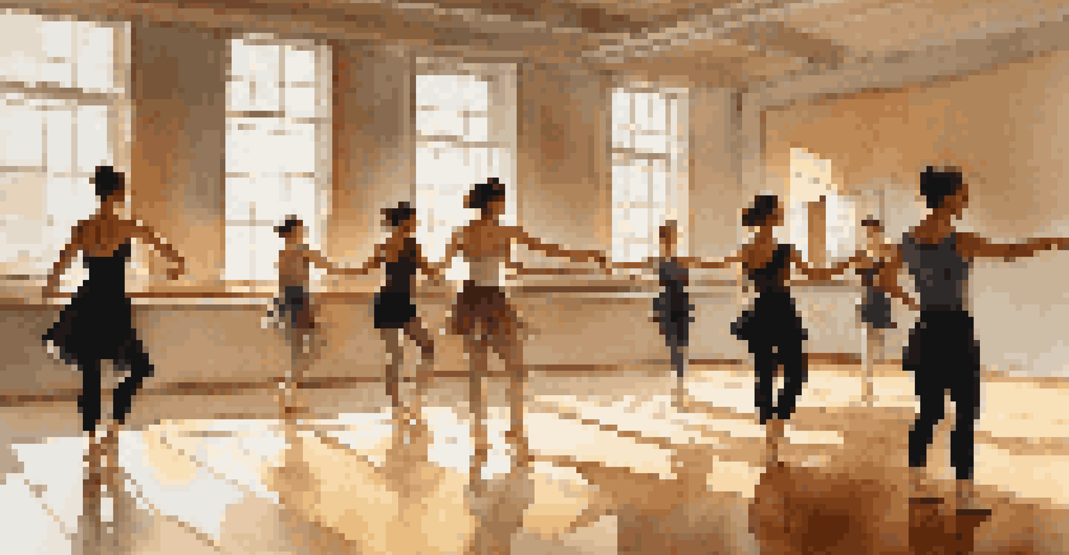 A choreographer guiding dancers in a well-lit studio, with mirrors reflecting their focused expressions.