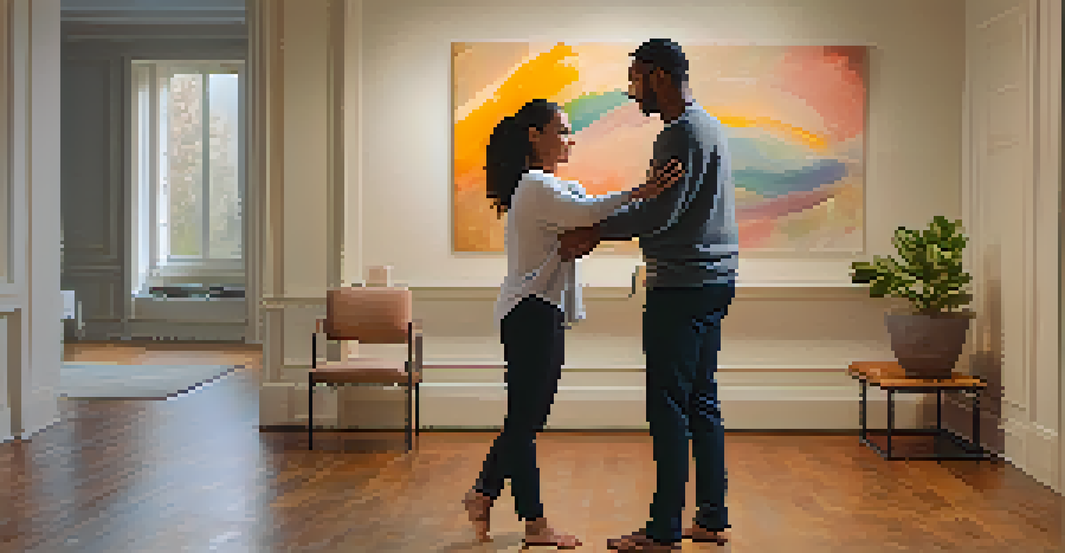A therapist and participant engaged in a one-on-one dance therapy session in a cozy, softly lit room, emphasizing connection and support.