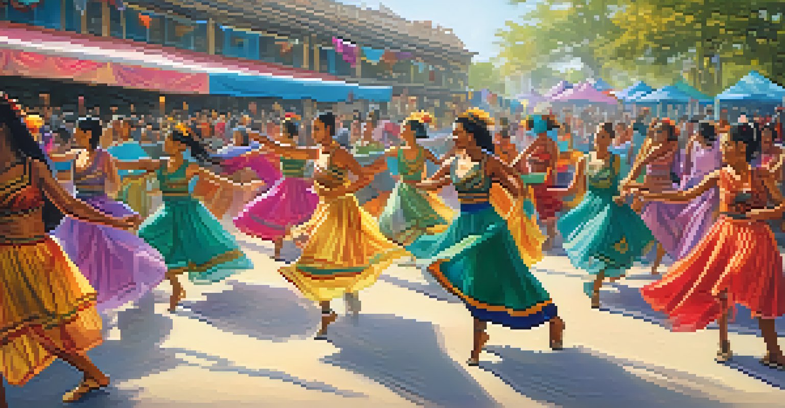 A lively dance festival with diverse dancers interacting with an engaged audience, surrounded by colorful decorations.