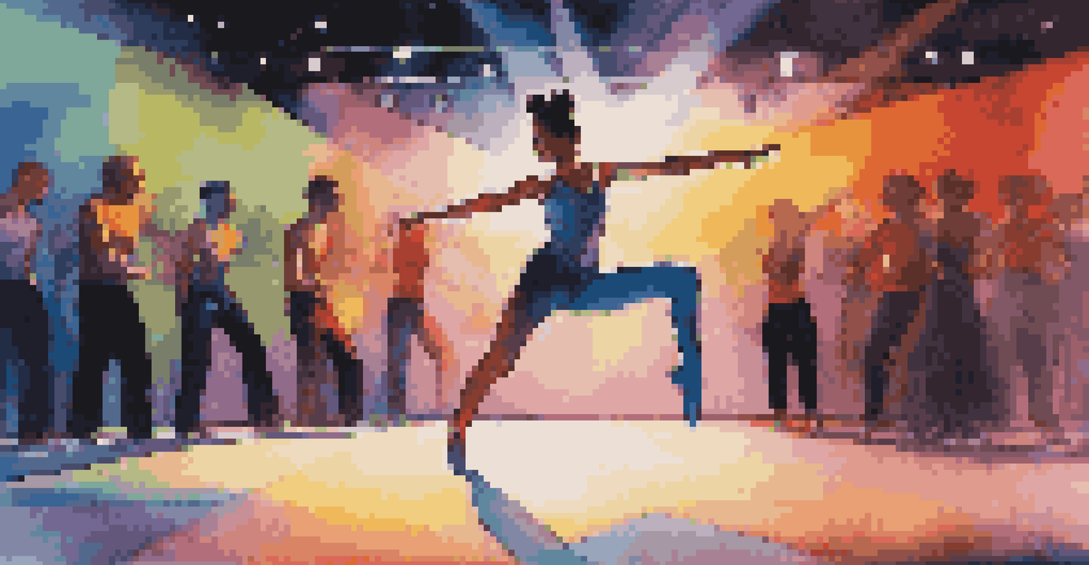 A dancer performing on stage with colorful augmented reality visual cues enhancing their movements.