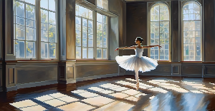 A ballet dancer performing a pirouette in a sunlit studio with mirrors reflecting her movements.