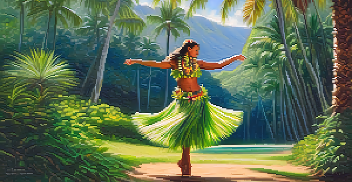 A hula dancer in traditional attire performing in a beautiful Hawaiian landscape with palm trees and soft sunlight.