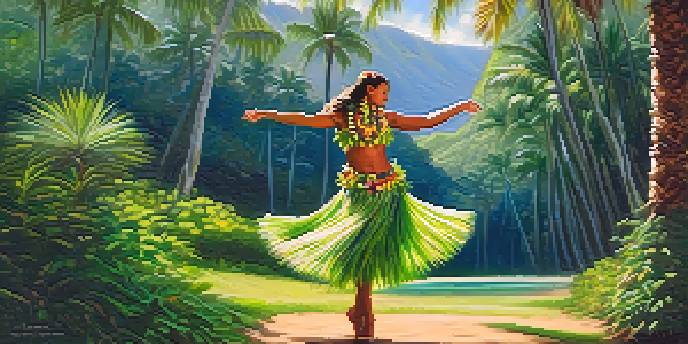 A hula dancer in traditional attire performing in a beautiful Hawaiian landscape with palm trees and soft sunlight.