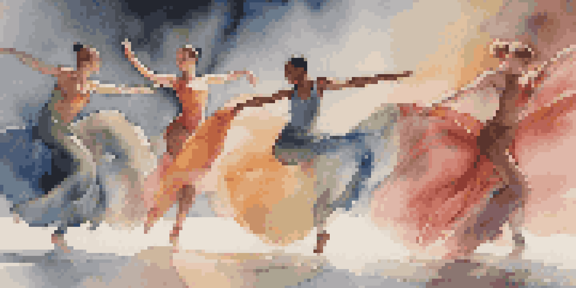 A group of dancers performing on stage in flowing, gender-neutral costumes, surrounded by colorful lighting that enhances the emotional atmosphere.