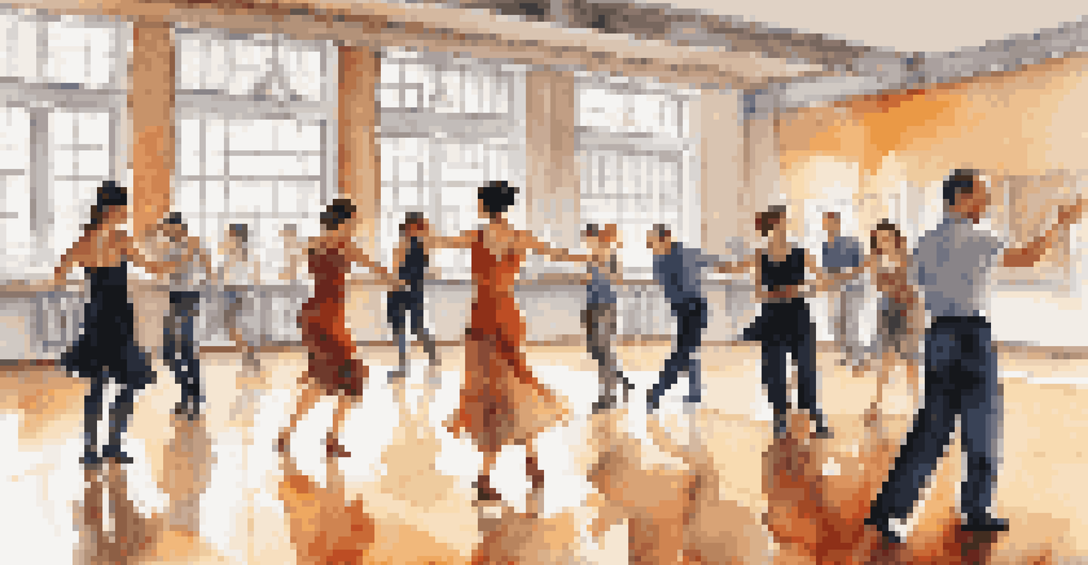 A modern tango class in a bright studio with diverse students learning from an instructor.
