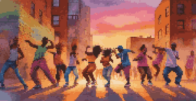 A group of diverse dancers performing hip-hop moves against a backdrop of graffiti art during sunset.
