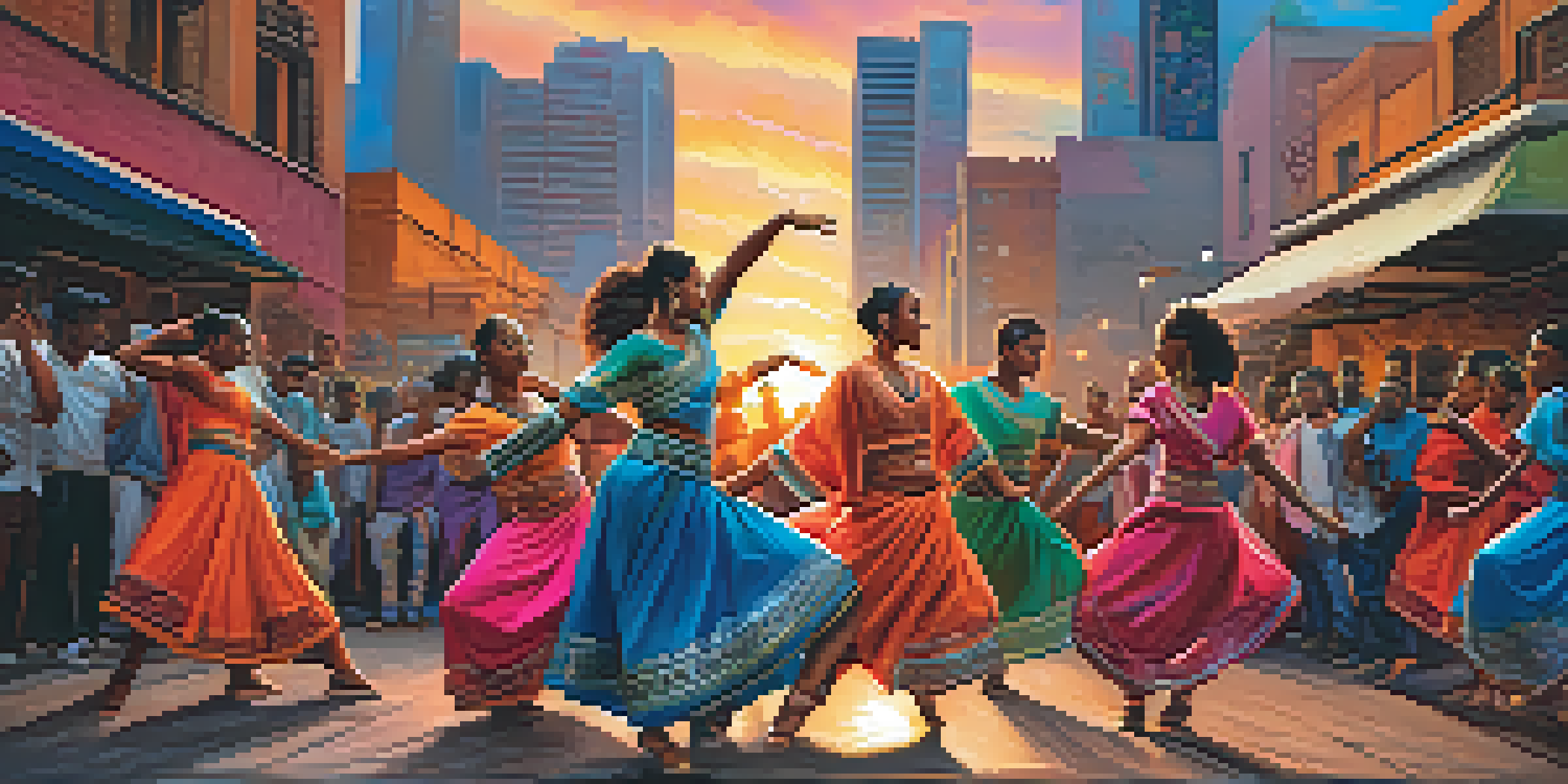 A group of diverse dancers performing together in an urban environment, wearing a mix of traditional and modern clothing against a colorful backdrop.