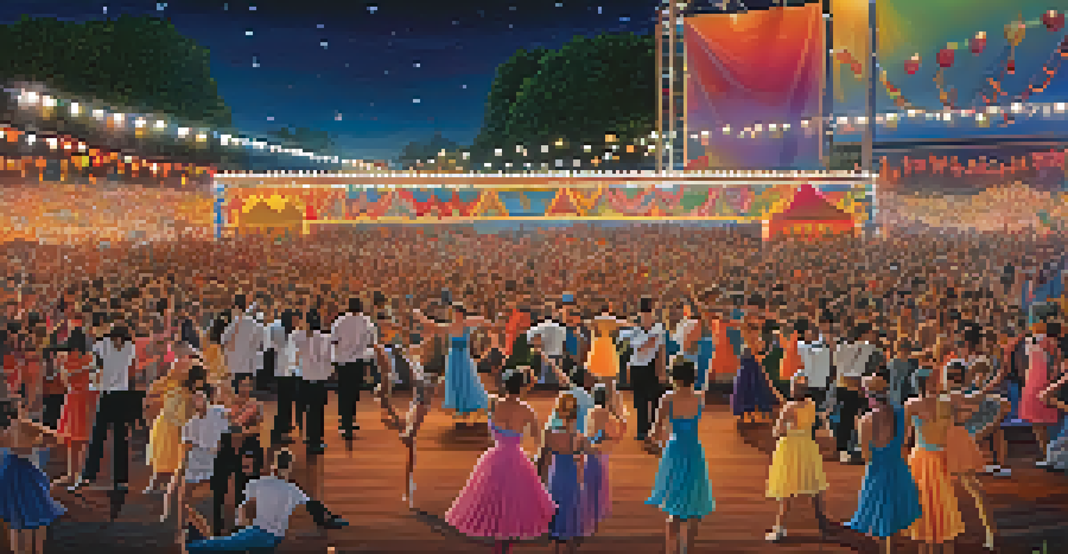 A lively festival with various dancers performing on stage, surrounded by an enthusiastic audience and colorful decorations.