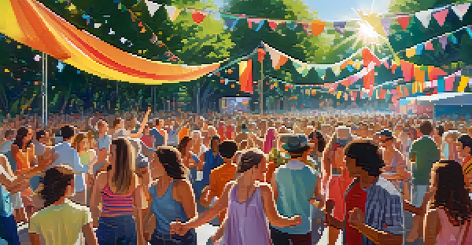 A lively outdoor dance festival featuring a diverse crowd dancing under colorful banners with a live band in the background.