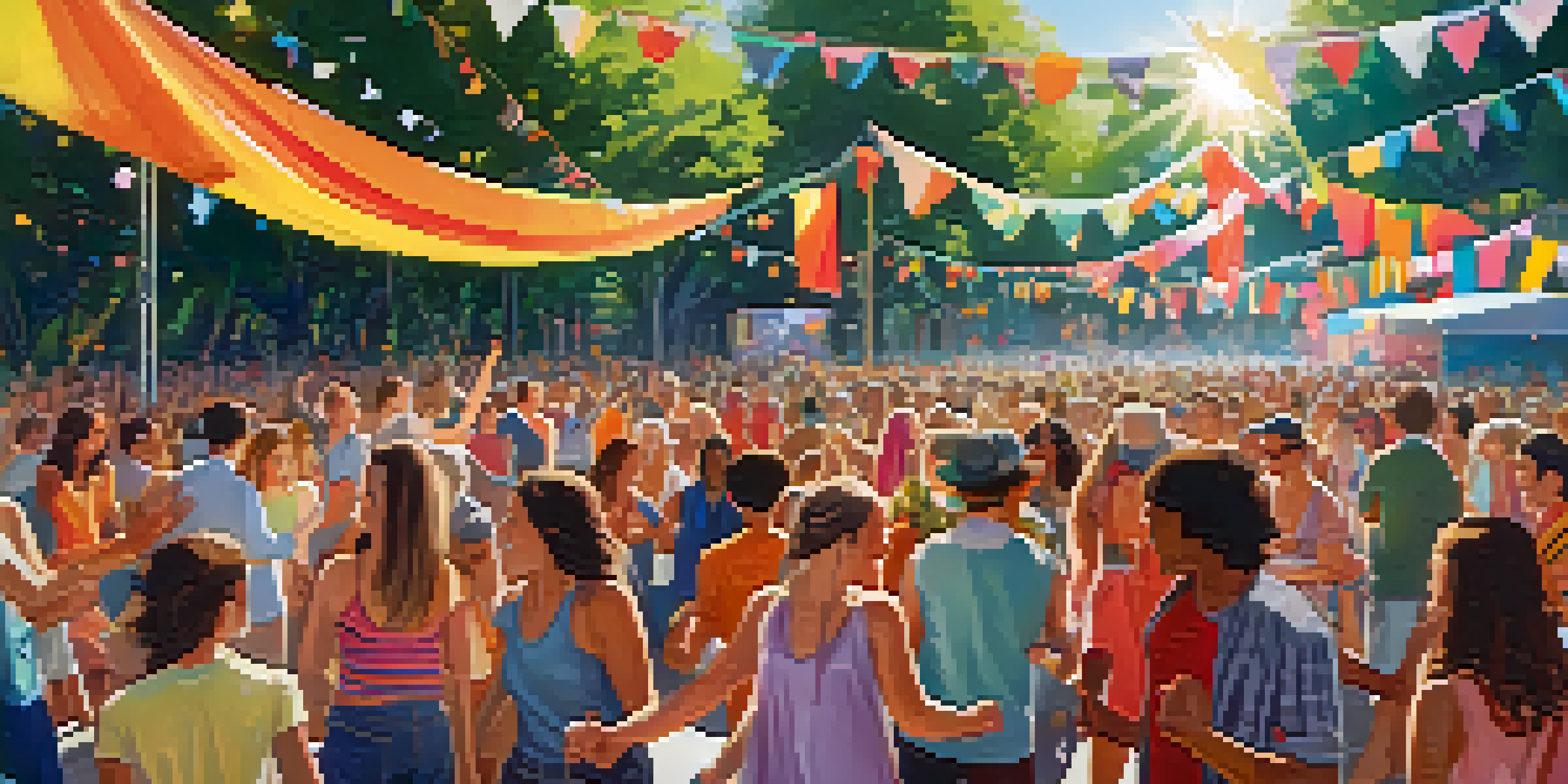 A lively outdoor dance festival featuring a diverse crowd dancing under colorful banners with a live band in the background.