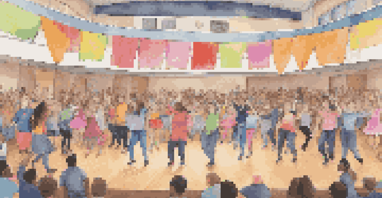 A school auditorium filled with students performing a dance that celebrates diverse gender identities, with a supportive audience.