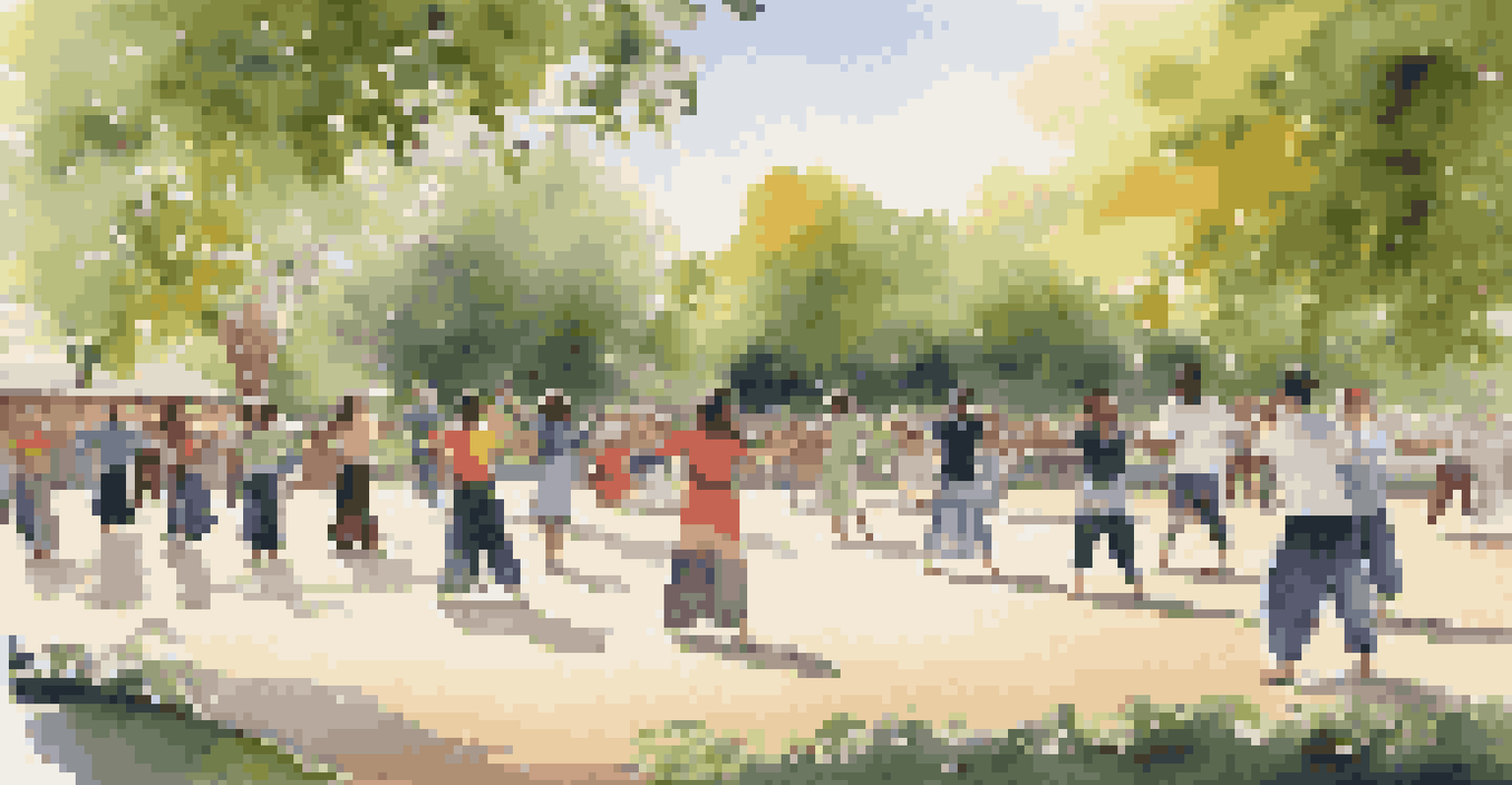 An outdoor dance workshop with students learning a traditional dance from a guest artist in a sunny park, surrounded by greenery and focused on the demonstration.