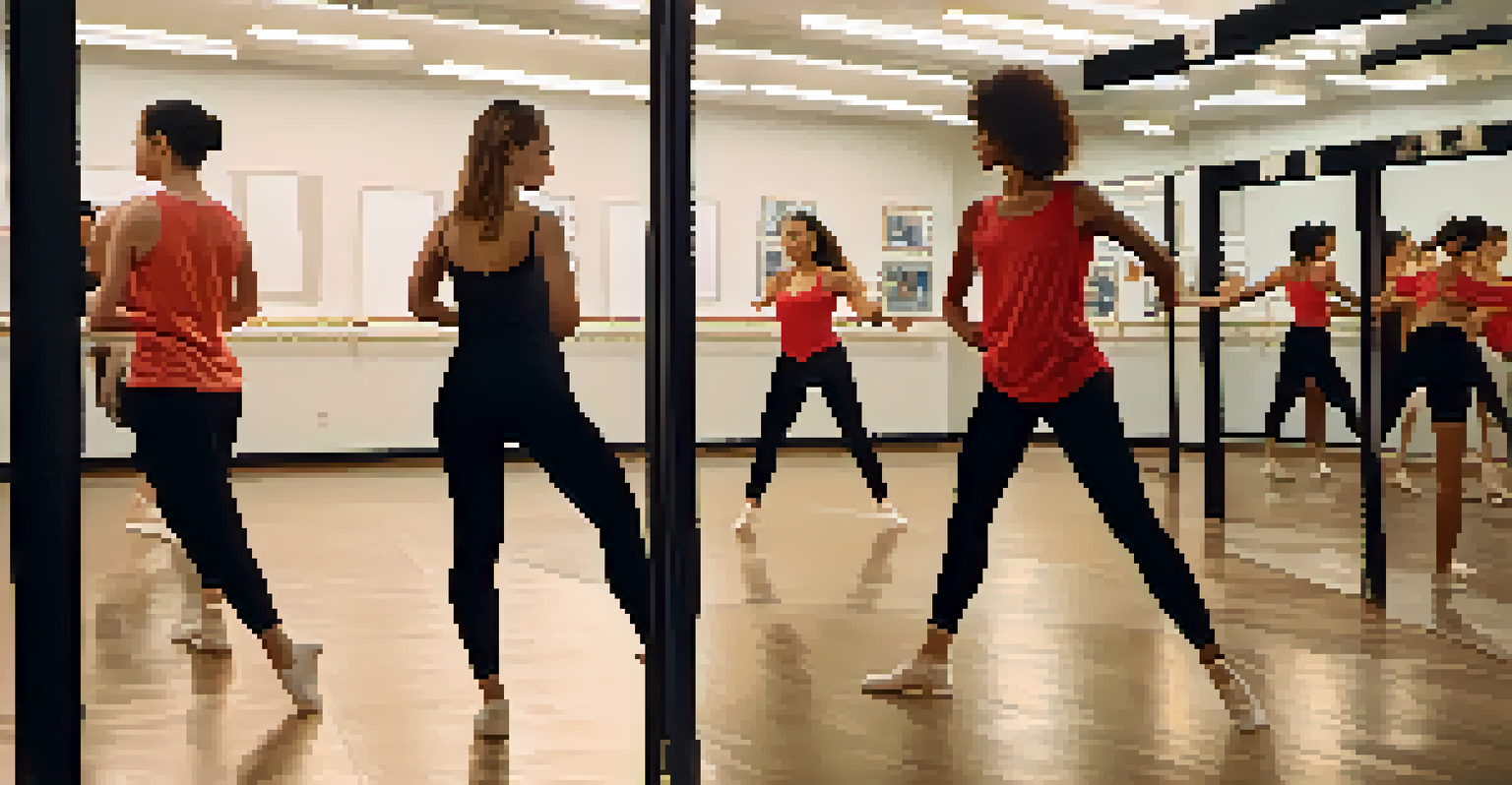 A group of dancers rehearsing choreography in a mirrored studio, demonstrating teamwork and focus.