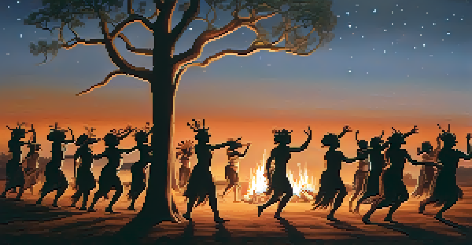 An Aboriginal Australian dance ceremony at dusk, featuring dancers in traditional attire illuminated by firelight, surrounded by trees and a twilight sky.