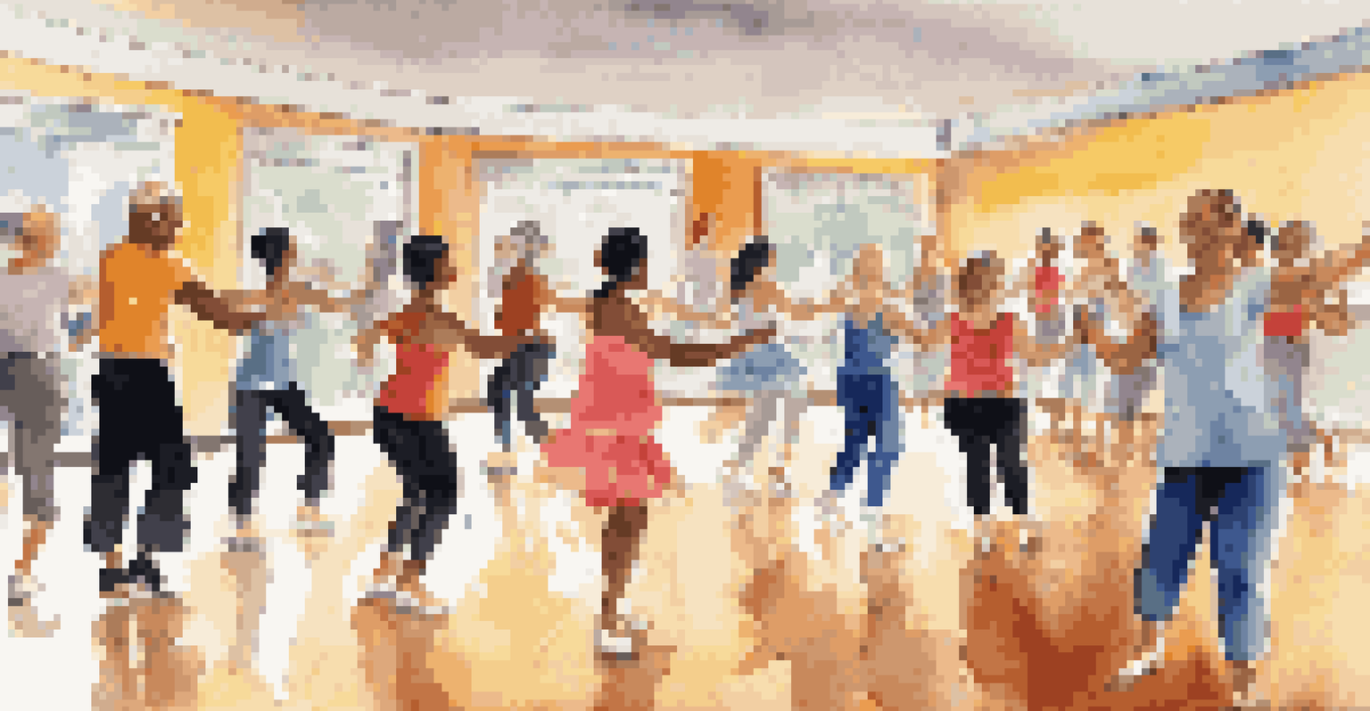 A dance class featuring people learning Merengue, showcasing joyful expressions and energetic participation.
