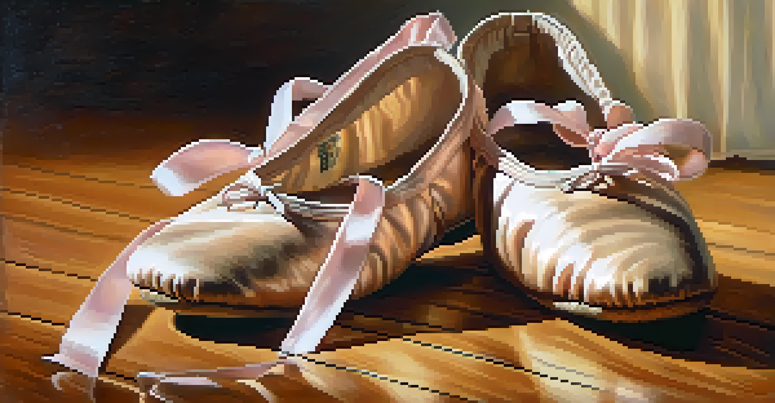 Close-up of worn ballet shoes on a wooden floor under soft lighting.