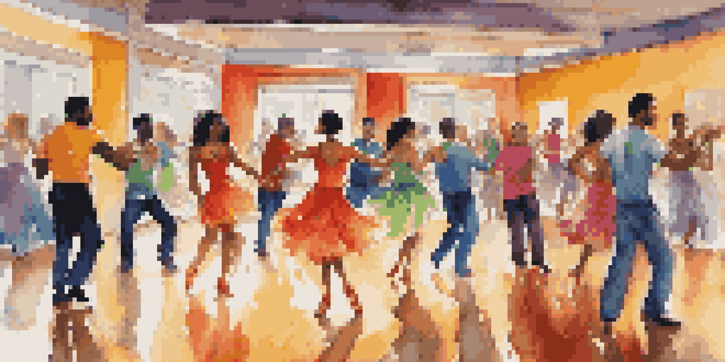 A lively salsa dance studio with diverse dancers in colorful outfits, captured in joyful movement with warm lighting.