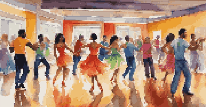 A lively salsa dance studio with diverse dancers in colorful outfits, captured in joyful movement with warm lighting.