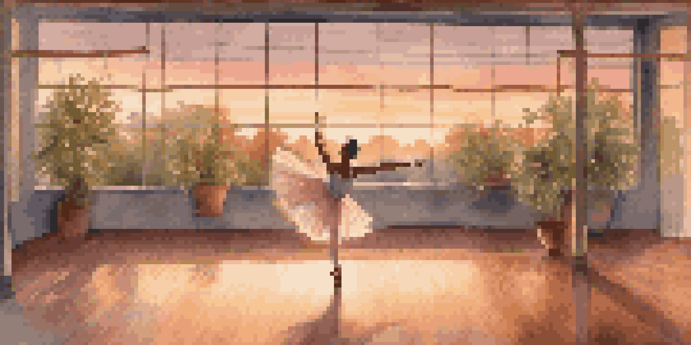 A ballet dancer in a serene dance studio at dusk, with soft lighting and mirrors reflecting the warm sunset glow.