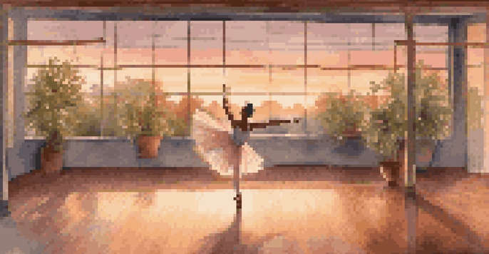 A ballet dancer in a serene dance studio at dusk, with soft lighting and mirrors reflecting the warm sunset glow.