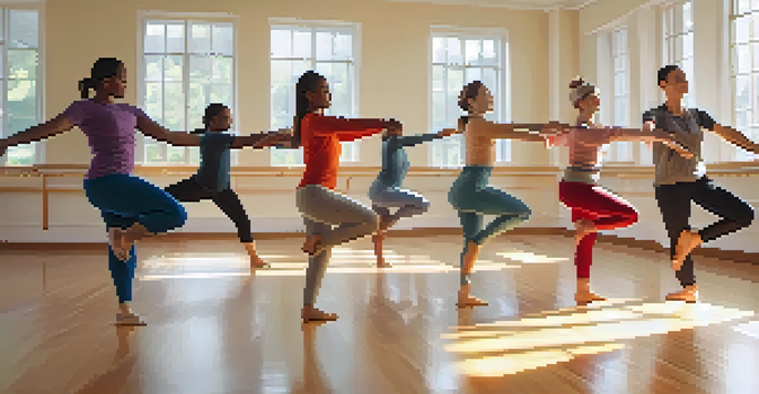 A peaceful dance therapy session with diverse participants moving gracefully in a bright studio.