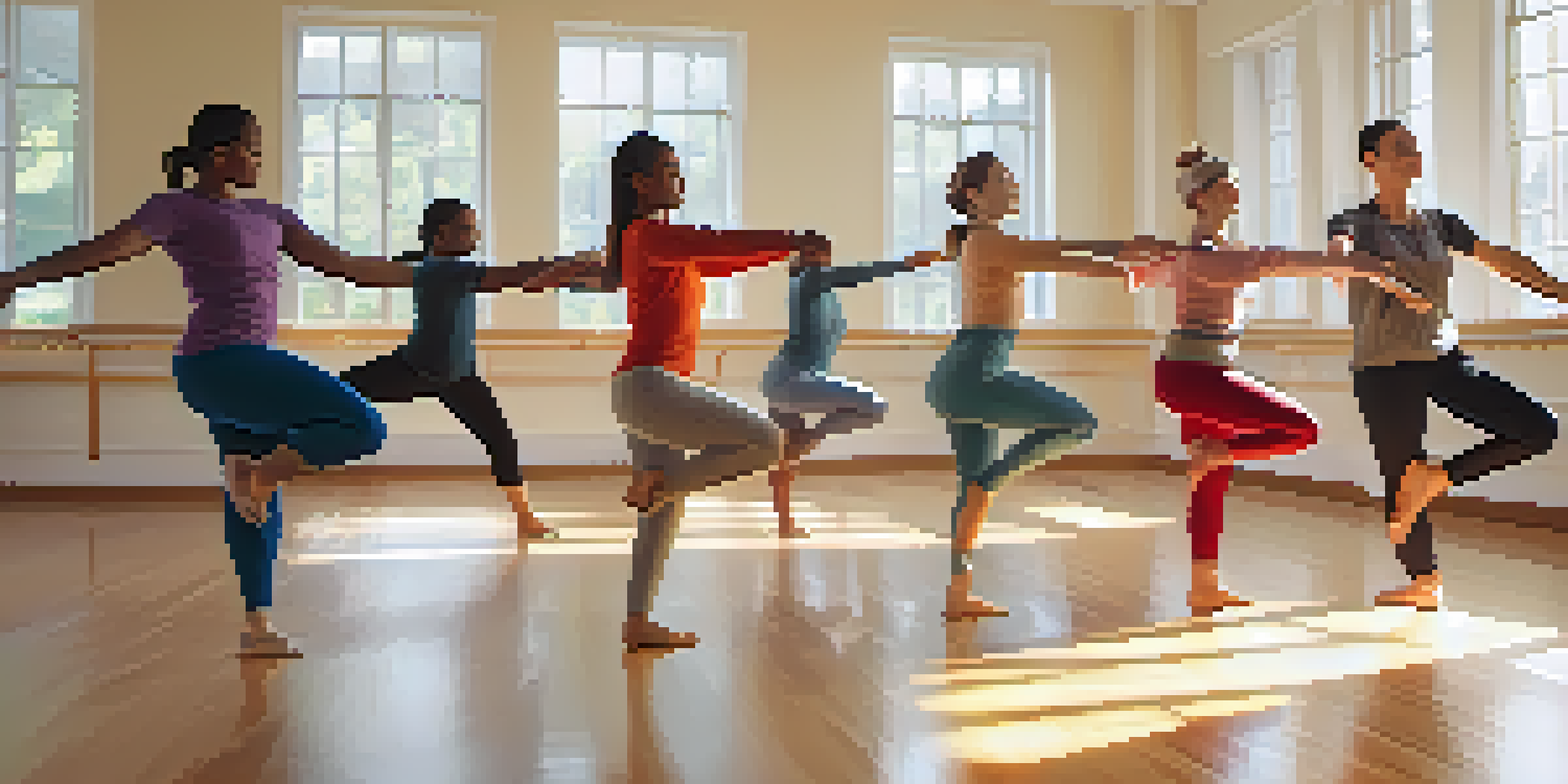 A peaceful dance therapy session with diverse participants moving gracefully in a bright studio.