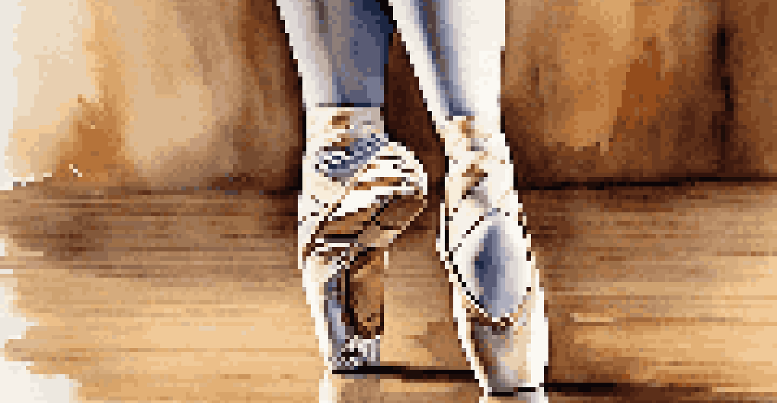 Close-up of a dancer's feet in ballet shoes performing on a polished wooden stage, with soft lighting emphasizing the grace of the movement.