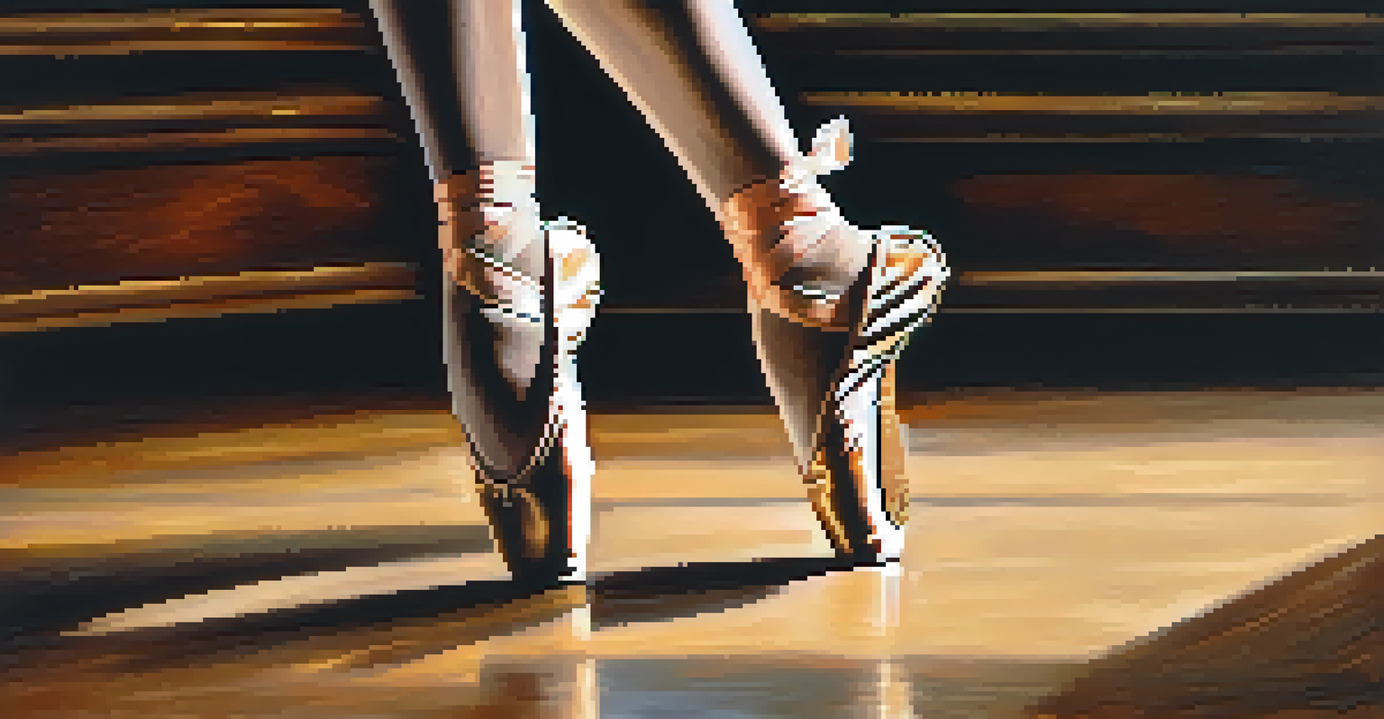 Close-up of a ballet dancer's feet in soft ballet shoes on a wooden stage, illuminated by gentle lighting.