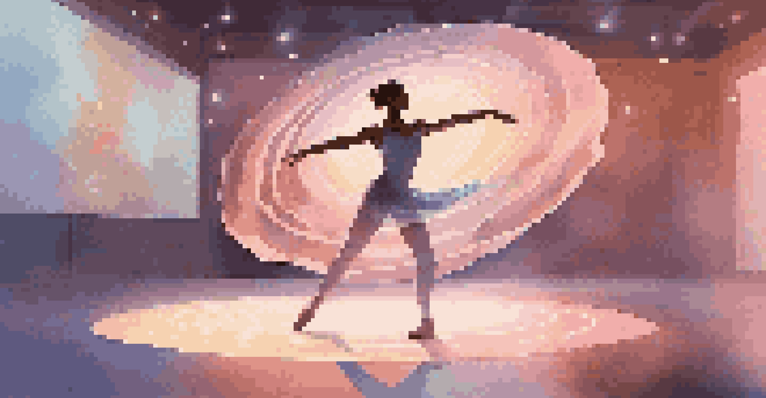 A solo dancer in a virtual studio illuminated by soft lights, surrounded by holographic dance style projections.
