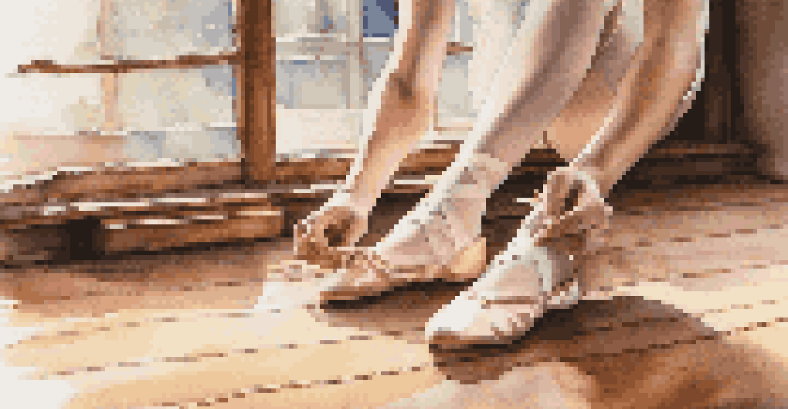 A close-up of a student tying ballet shoes with a wooden floor in the background.