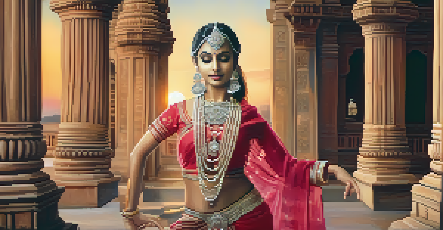 An Odissi dancer in traditional attire in front of a historic temple at sunset.