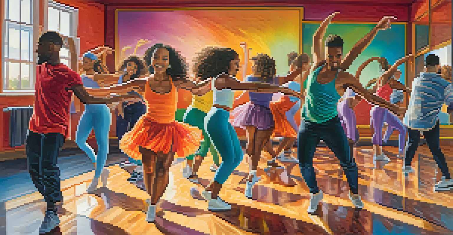 A diverse group of dancers in a dance class, showcasing different styles with colorful outfits and an energetic atmosphere.