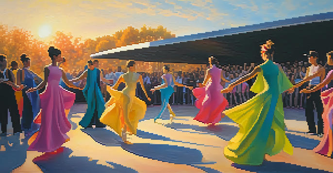 A group of dancers performing in an outdoor setting, surrounded by abstract sculptures, with sunset lighting creating warm shadows.