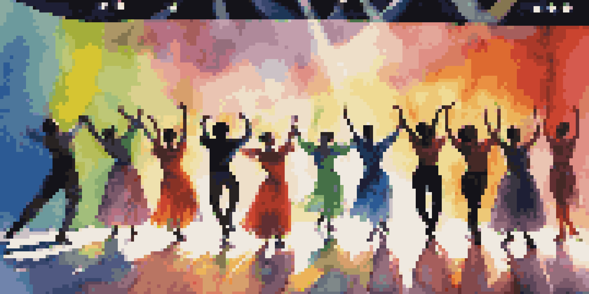 A lively dance performance on stage with a diverse group of dancers in colorful costumes, illuminated by bright lights.