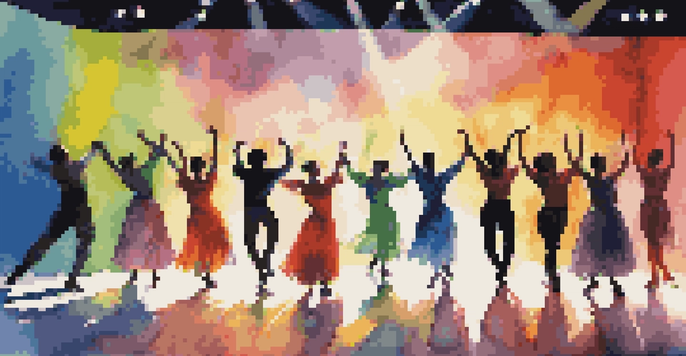 A lively dance performance on stage with a diverse group of dancers in colorful costumes, illuminated by bright lights.