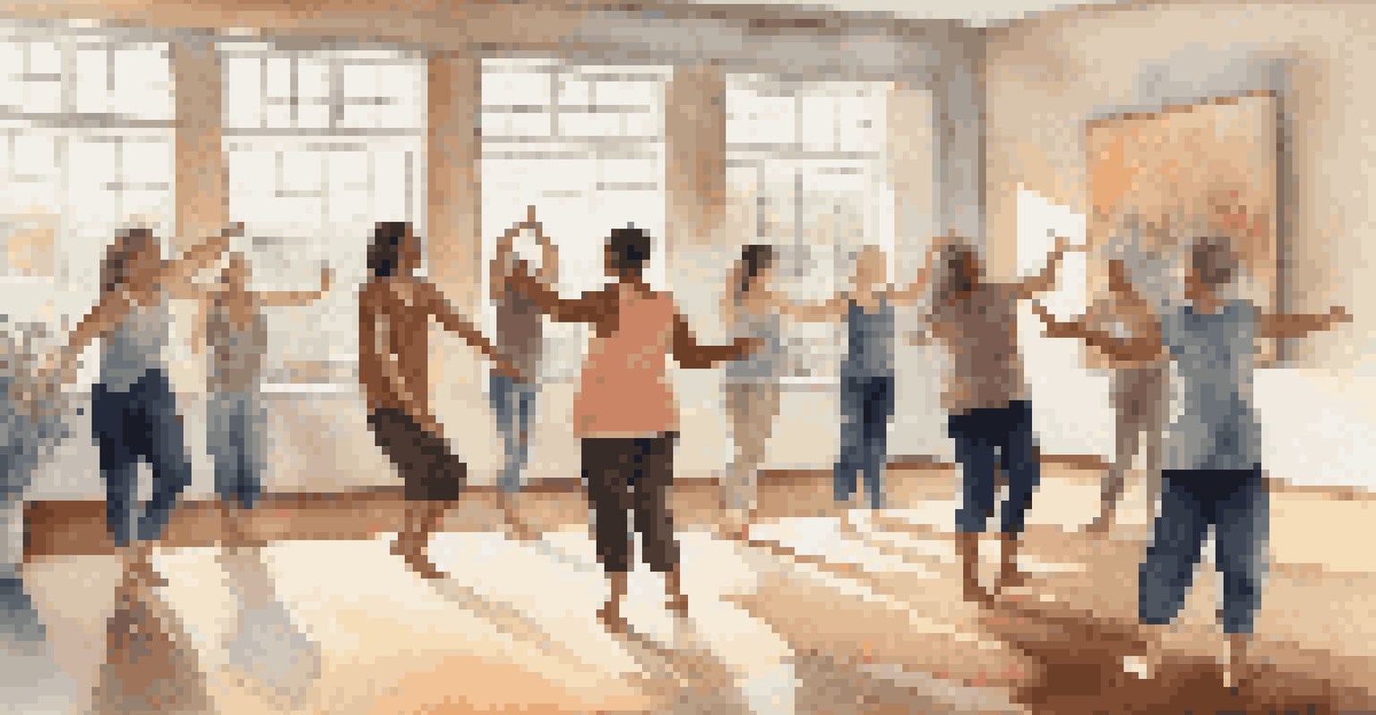 A serene dance therapy session in a sunlit studio, with individuals moving expressively under the guidance of a therapist, surrounded by calming colors.