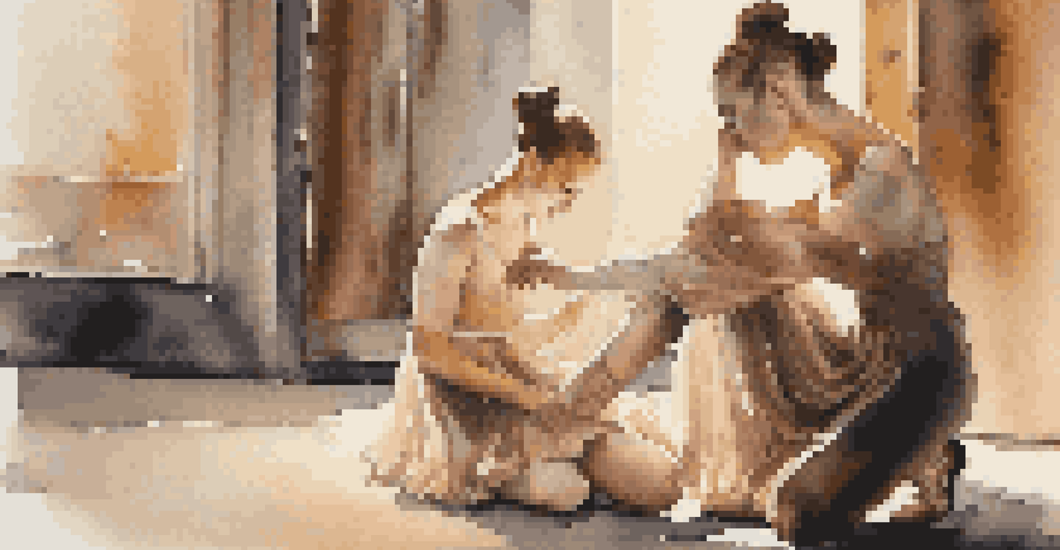 Two dancers backstage sharing a moment before their performance, surrounded by costumes and dance shoes in warm lighting.