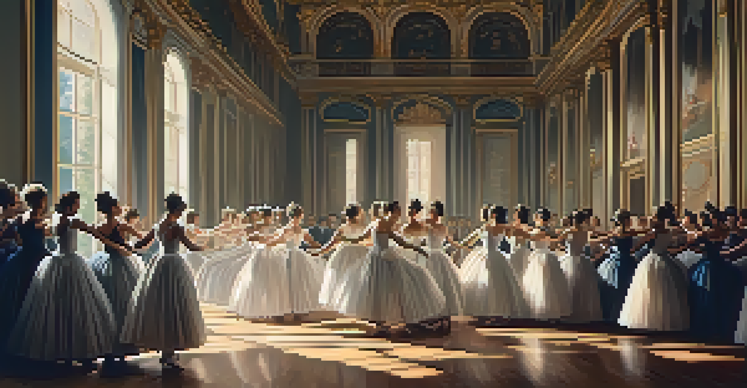 Dancers in elegant ballet costumes performing in a grand theater, symbolizing liberty and equality against a backdrop of dramatic lighting.
