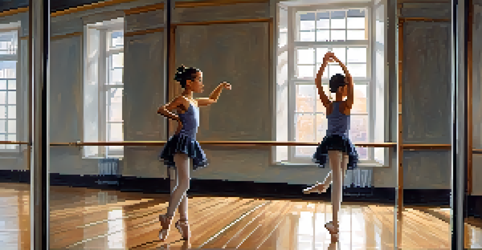 A young dancer practicing her moves in front of a mirror in a bright dance studio, showing her focused expression.