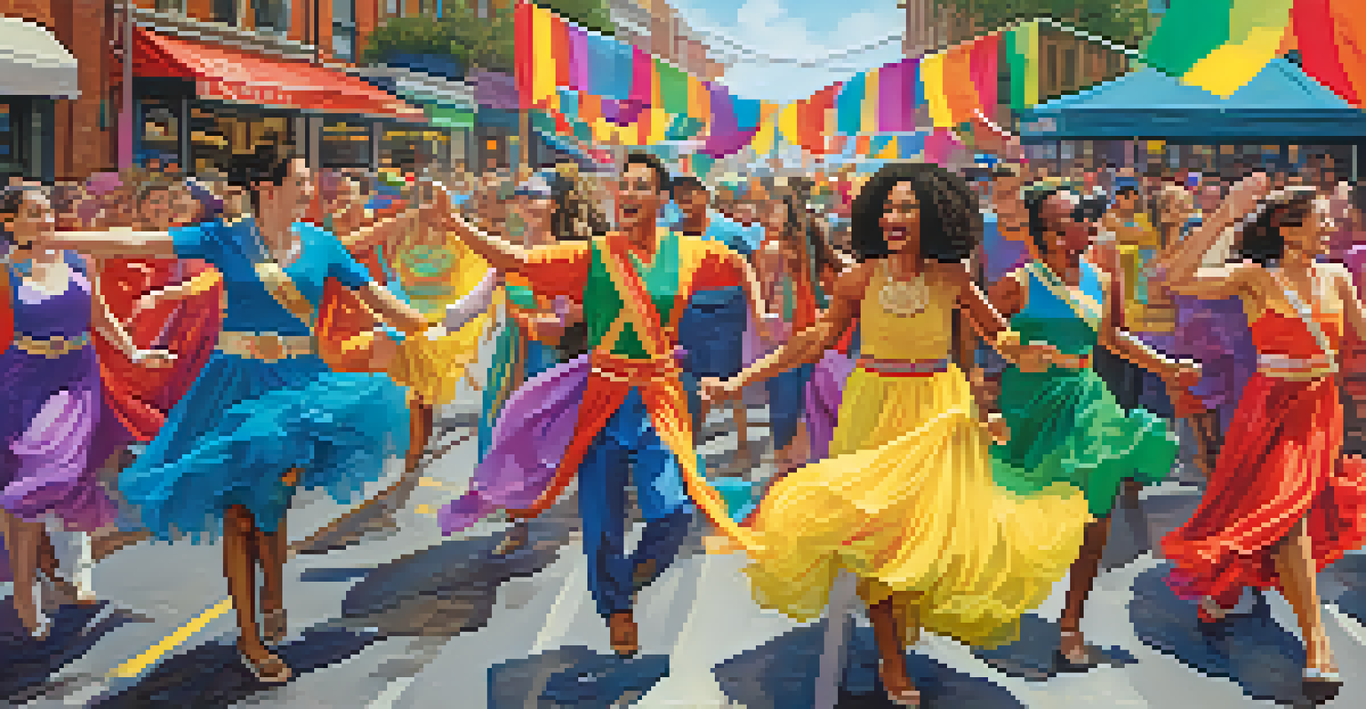 Dancers celebrating diversity during a Pride parade, surrounded by colorful banners and a lively atmosphere.